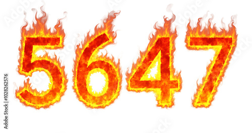 numbers4, 5,  6 and 7 on fire , ablaze with flames on a transparent background 