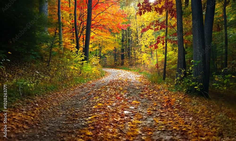 A serene autumn path surrounded by vibrant foliage and fallen leaves. A serene autumn path surrounded by vibrant foliage and fallen leaves.