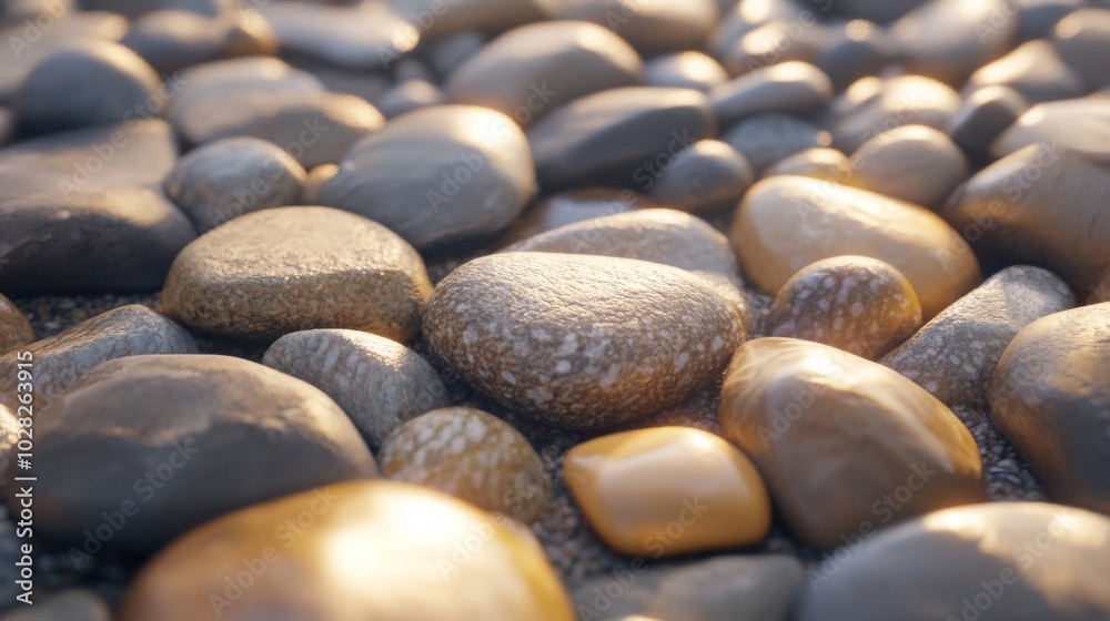 Smooth, rounded river stones in warm sunlight Smooth, rounded river stones in warm sunlight