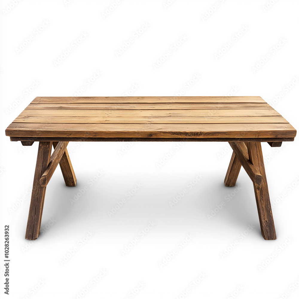 A long wooden picnic table with visible knots and grain A long wooden picnic table with visible knots and grain