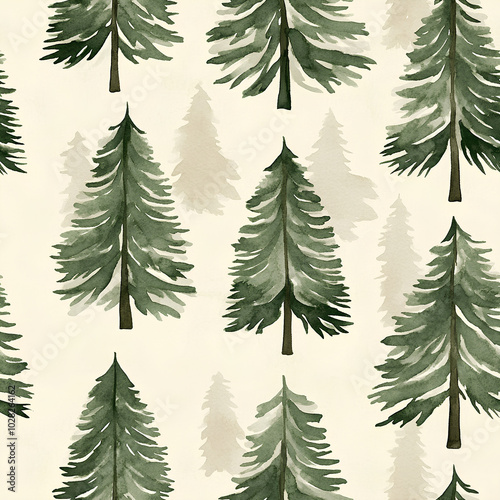 Watercolor evergreen trees in muted green tones, minimalist shapes, soft beige background, seamless pattern