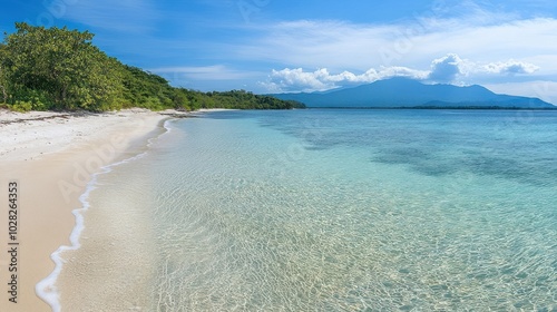 Clear blue water lapping at a white sandy beach with lush green trees and a distant mountain range under a blue sky.