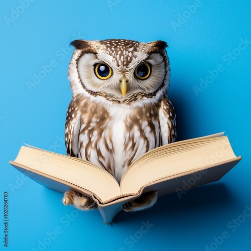 Wallpaper Mural A wise owl holding a book against a blue background, symbolizing knowledge and learning. Torontodigital.ca
