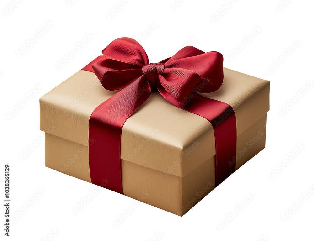 Fototapeta premium Gold gift box with red ribbon and red bow on transparent background, PNG