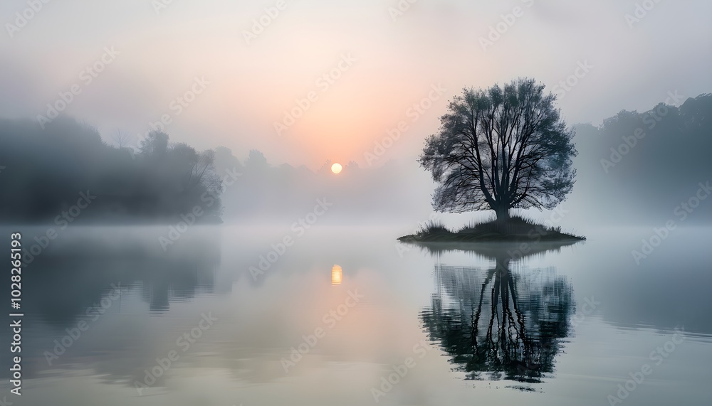 solitary tree reflected in the still waters of a foggy lake at sunrise solitary tree reflected in the still waters of a foggy lake at sunrise