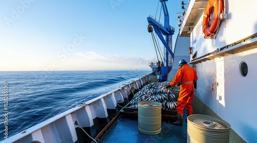 Crew of Fishermen Open Trawl Net with Caugth Fish on Board of Commercial Fishing Ship photo