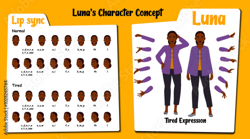 A tired african female teacher cartoon character AKA Luna. . Tired face expressions and lip sync. Set of businesswoman with various hand gesture and front and 1/3 standing poses.