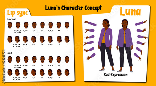 A sad african female teacher cartoon character AKA Luna. Sad face expressions and lip sync. Set of businesswoman with various hand gesture and front and 1/3 standing poses.