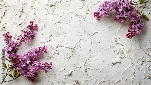 Bunch of lilac flowers on a white crackling effect background Top view Copy space : Generative AI photo