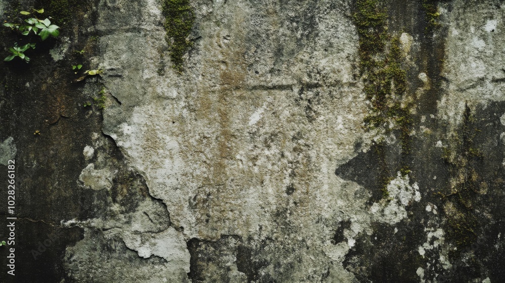 Weathered Concrete Wall With Patches of Moss and Plants