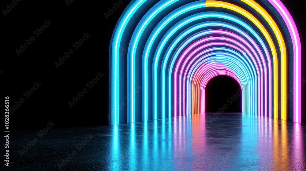 Fototapeta premium Neon Glowing Arches Tunnel Corridor Futuristic Abstract Background