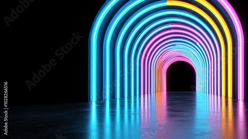 Neon Glowing Arches Tunnel Corridor Futuristic Abstract Background