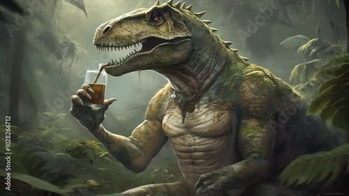 video of T-Rex is smoking sigaret and drinking beer in the jungle photo