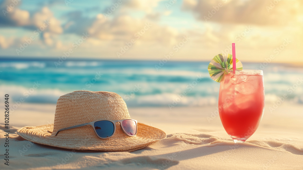 Na piaszczystej plaży widać słomkowy kapelusz, pod którym kryje się przyjemny cień, obok niego stoi egzotyczny koktajl w intensywnych kolorach.