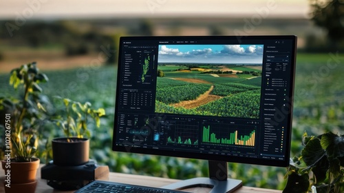 Precision agriculture data displayed on an interface, showcasing detailed crop performance metrics, soil health analysis, and weather impact, with satellite imagery and sensor data integrated photo