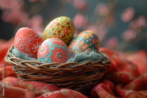 Colorful Easter Eggs in Wicker Basket on Red Cloth Background