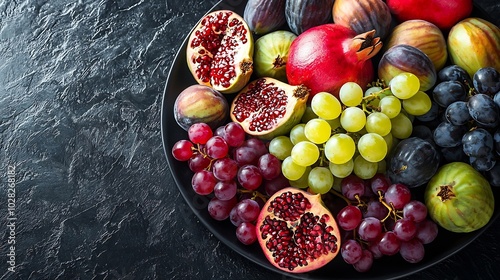 Fruits assortment pomegranates grapes figs plums on black plate Dark background Top view : Generative AI photo