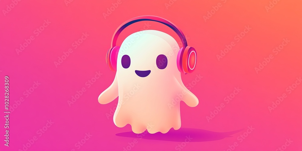 Food character dressed for Halloween, cute ghost with neon headphones and audio, flat design illustration