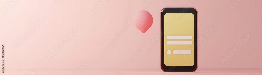 A mobile with a blank screen with notification cards as a pink balloon floating on pink background in 3d as mobile push notifications for personalized offers, Mobile marketing on-the-go A mobile with a blank screen with notification cards as a pink balloon floating on pink background in 3d as mobile push notifications for personalized offers, Mobile marketing on-the-go