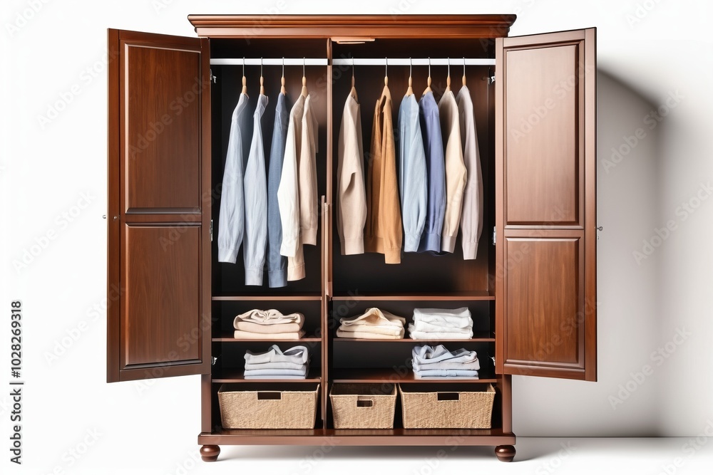 A wooden wardrobe filled with clothes and shelves, standing alone in a well-designed home interior, blending storage and style with a vintage touch, perfect for organizing clothes and books A wooden wardrobe filled with clothes and shelves, standing alone in a well-designed home interior, blending storage and style with a vintage touch, perfect for organizing clothes and books