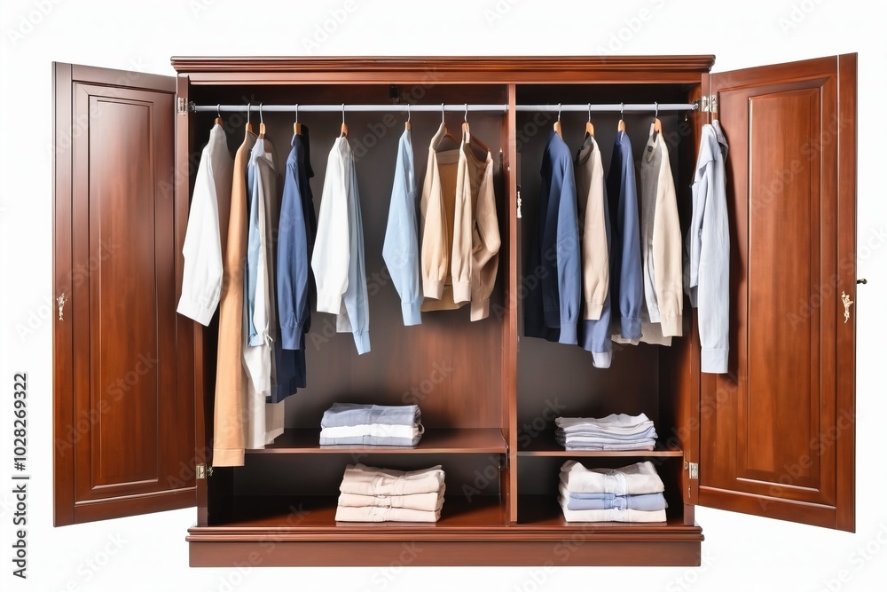 A wooden wardrobe filled with clothes and shelves, standing alone in a well-designed home interior, blending storage and style with a vintage touch, perfect for organizing clothes and books A wooden wardrobe filled with clothes and shelves, standing alone in a well-designed home interior, blending storage and style with a vintage touch, perfect for organizing clothes and books