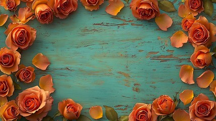 Roses heads and petals frame on turquoise wooden background Copy space : Generative AI