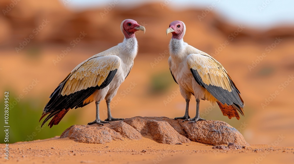 Two White backed Vultures Perched on a Rock in the Desert Two White backed Vultures Perched on a Rock in the Desert