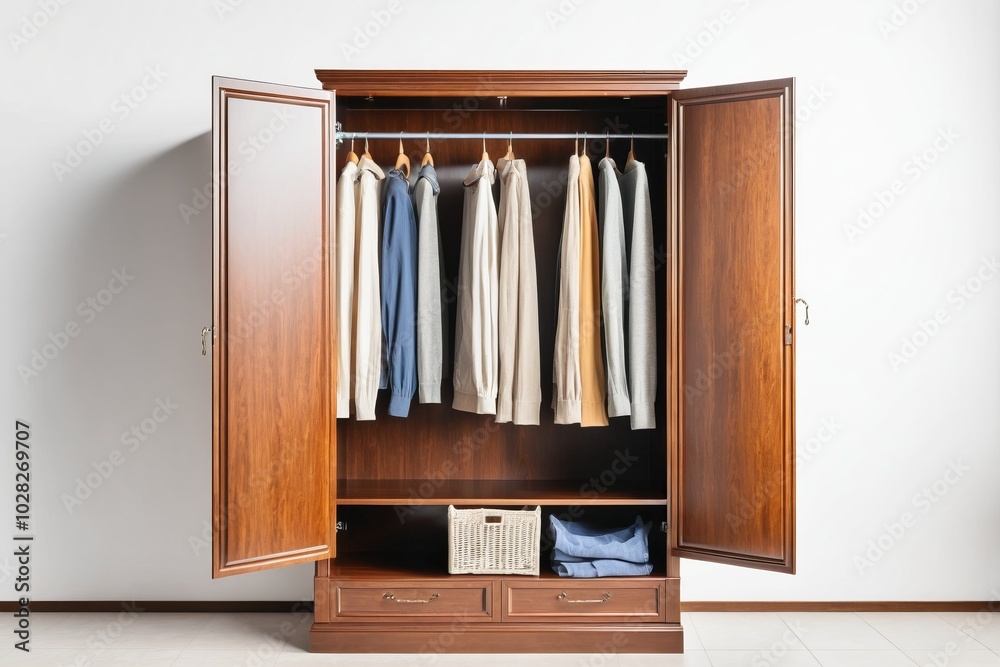 A large wooden wardrobe filled with clothes and shelves, standing alone in a well-designed home interior, blending storage and style with a vintage touch, perfect for organizing clothes A large wooden wardrobe filled with clothes and shelves, standing alone in a well-designed home interior, blending storage and style with a vintage touch, perfect for organizing clothes
