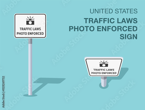 Traffic regulation rules. Isolated United States "traffic laws photo enforced" road sign. Front and top view. Flat vector illustration template.