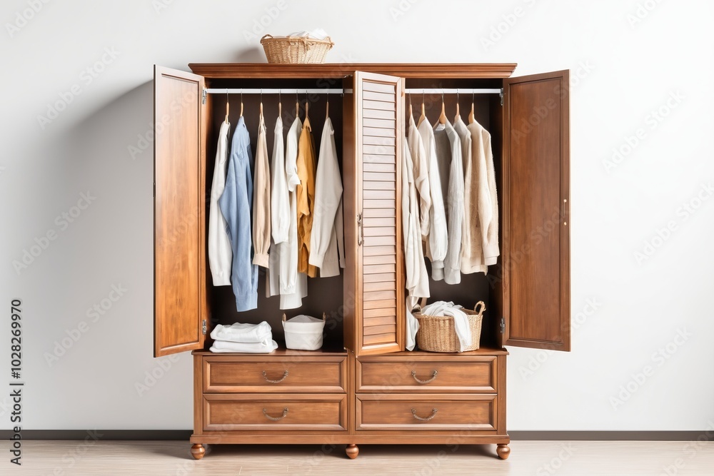 A large wooden wardrobe filled with clothes and shelves, standing alone in a well-designed home interior, blending storage and style with a vintage touch, isolated white wall A large wooden wardrobe filled with clothes and shelves, standing alone in a well-designed home interior, blending storage and style with a vintage touch, isolated white wall