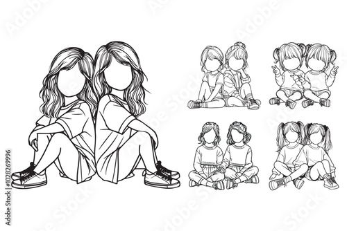 Illustration in black and white of cheerful twin sisters