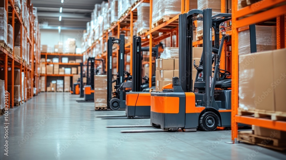 A spacious warehouse filled with shelves and forklifts for efficient inventory management.