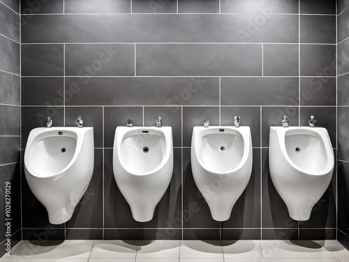 Row of white ceramic urinal chamber pot interior design men public toilet or restroom