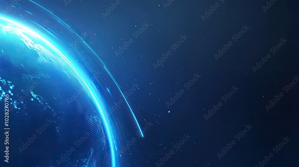 Fototapeta premium Glowing blue digital planet with light lines, set against a dark sky-blue background, featuring smooth flowing lines, perfect for technology-themed wallpapers and posters.