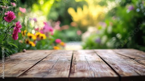 Close up of an empty wooden table with a beautiful blurred background of a flower garden with pink flowers and green foliage.