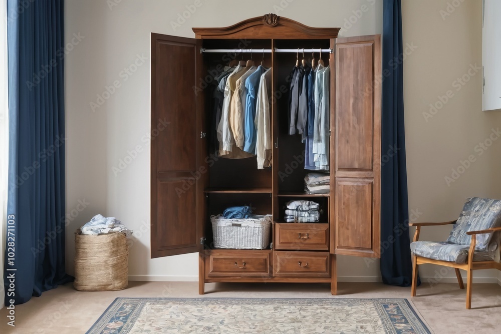 A luxurious wooden wardrobe with clothes inside stands in a beautifully decorated room featuring a chair, a table, a window with curtains, and a mirror on the wall A luxurious wooden wardrobe with clothes inside stands in a beautifully decorated room featuring a chair, a table, a window with curtains, and a mirror on the wall