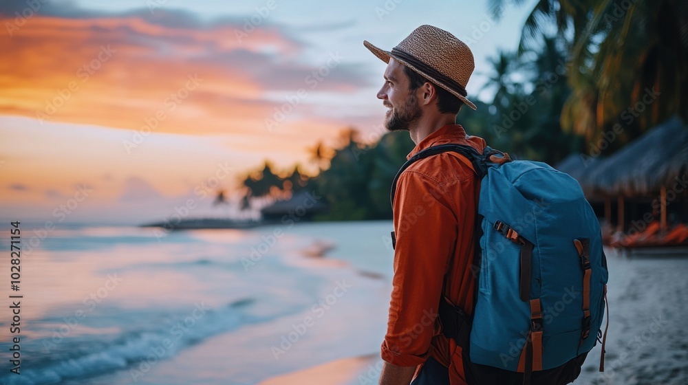 Adventurer Enjoying Sunset by Tropical Beach Adventurer Enjoying Sunset by Tropical Beach