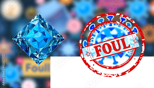 Blue diamond collage rush virus icon, and bicolor rubber Fool stamp. Crystal related elements are united into abstract mosaic rush virus icon. Red round stamp has Fool text inside circle. photo