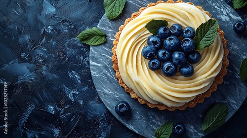 Blueberry tart with vanilla custard on a marble board Top view Copy space : Generative AI photo