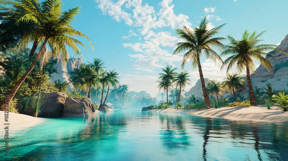 A desert oasis surrounded by palm trees and clear blue water. A desert oasis surrounded by palm trees and clear blue water.