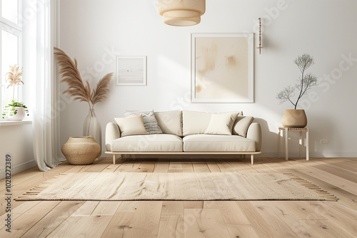 Scandinavian-inspired living room interior design with light oak flooring, white walls, a beige sofa, and minimalist decor, creating a cozy and serene environment. photo