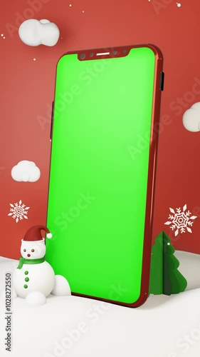 3D animated winter sales social media post template Portrait with green screen smartphone and snowflake, amazing for travel agencies, product promotion, christmas and new year greetings
