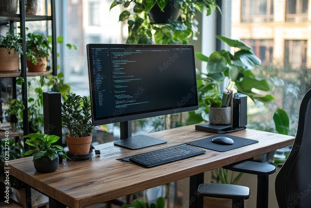 Adjustable Height Desk Stand In Office, Generative AI