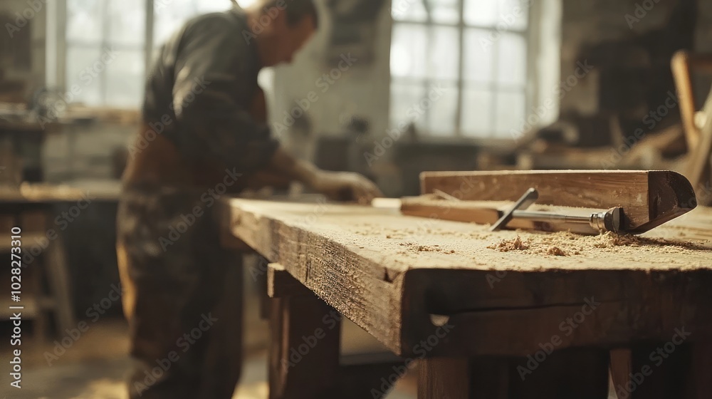 Close up of sawdust on a wood workbench with a blurred carpenter working in the background. Close up of sawdust on a wood workbench with a blurred carpenter working in the background.