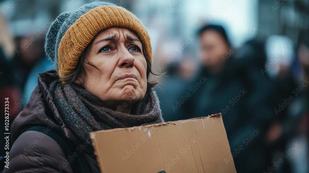 An emotional woman wearing a beanie and scarf holds a cardboard sign in a protest, expressing concern and determination, with a blurred crowd in the background. An emotional woman wearing a beanie and scarf holds a cardboard sign in a protest, expressing concern and determination, with a blurred crowd in the background.