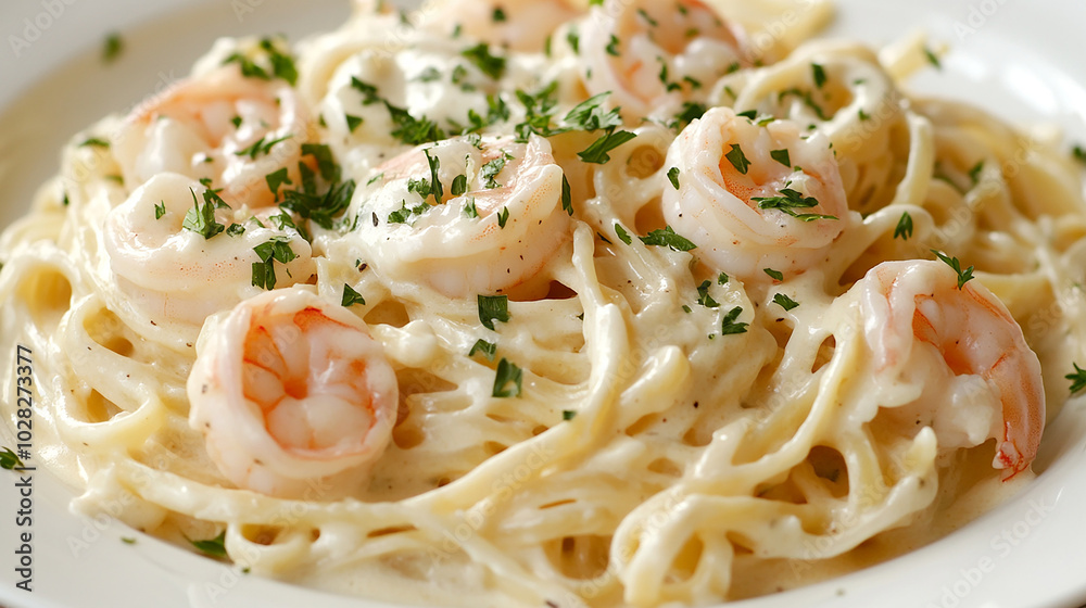 Creamy Shrimp Alfredo Pasta Topped with Parmesan and Creamy Shrimp Alfredo Pasta Topped with Parmesan and