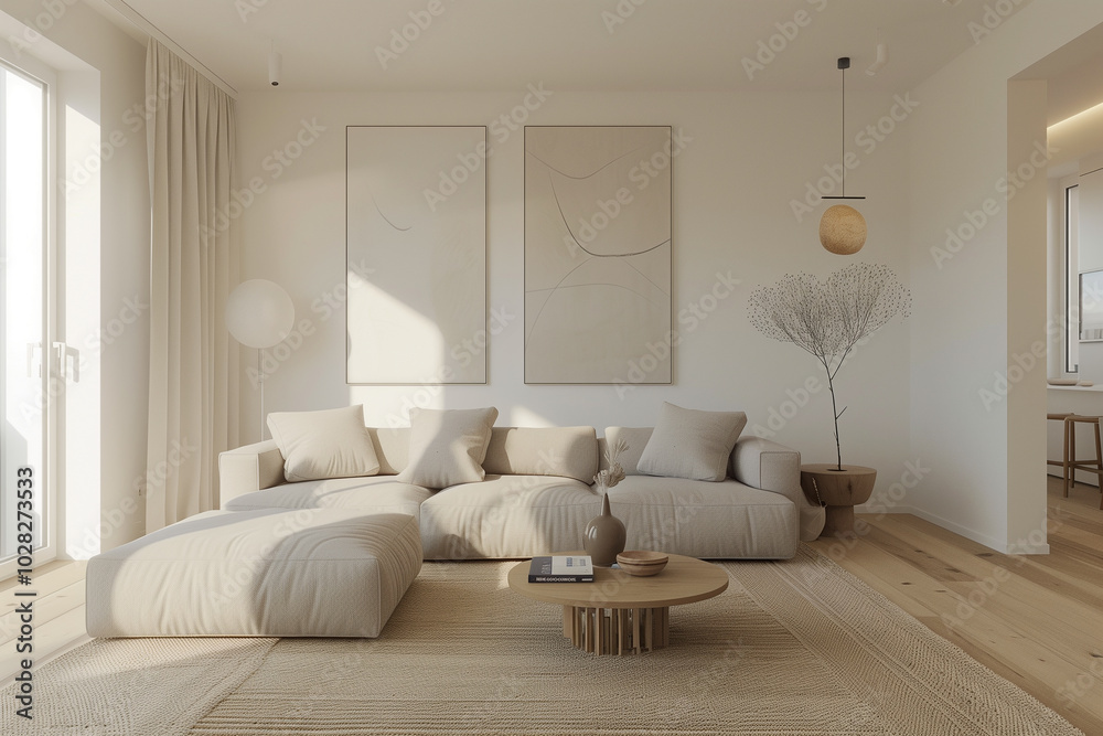 Scandinavian-inspired living room interior design with light oak flooring, white walls, a beige sofa, and minimalist decor, creating a cozy and serene environment. Scandinavian-inspired living room interior design with light oak flooring, white walls, a beige sofa, and minimalist decor, creating a cozy and serene environment.