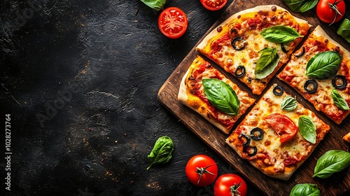 Fresh homemade square Pizza with vegetables and basil on cutting board : Generative AI