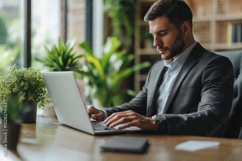 Cropped Image Of Businessman Using Laptop At Desk, Generative AI Cropped Image Of Businessman Using Laptop At Desk, Generative AI