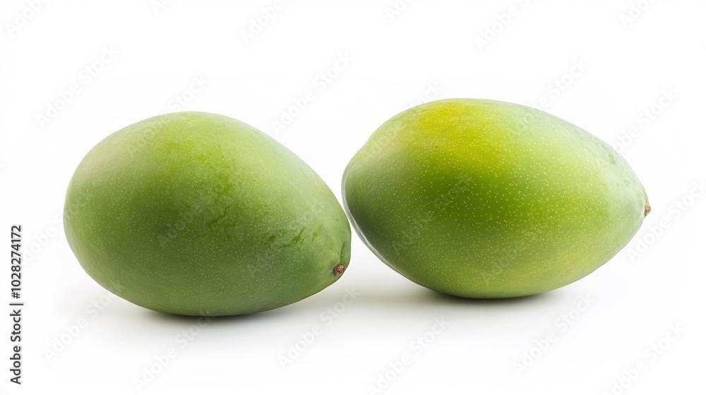 Obraz premium Two Green Mangoes on a White Background